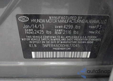 2013 Hyundai Sonata Gls z USA, uszkodzony, nr VIN 5NPEB4AC6DH677045
